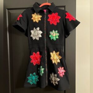 Queen of Sparkles Black Zip Front Mini Dress with Christmas Bows - XS